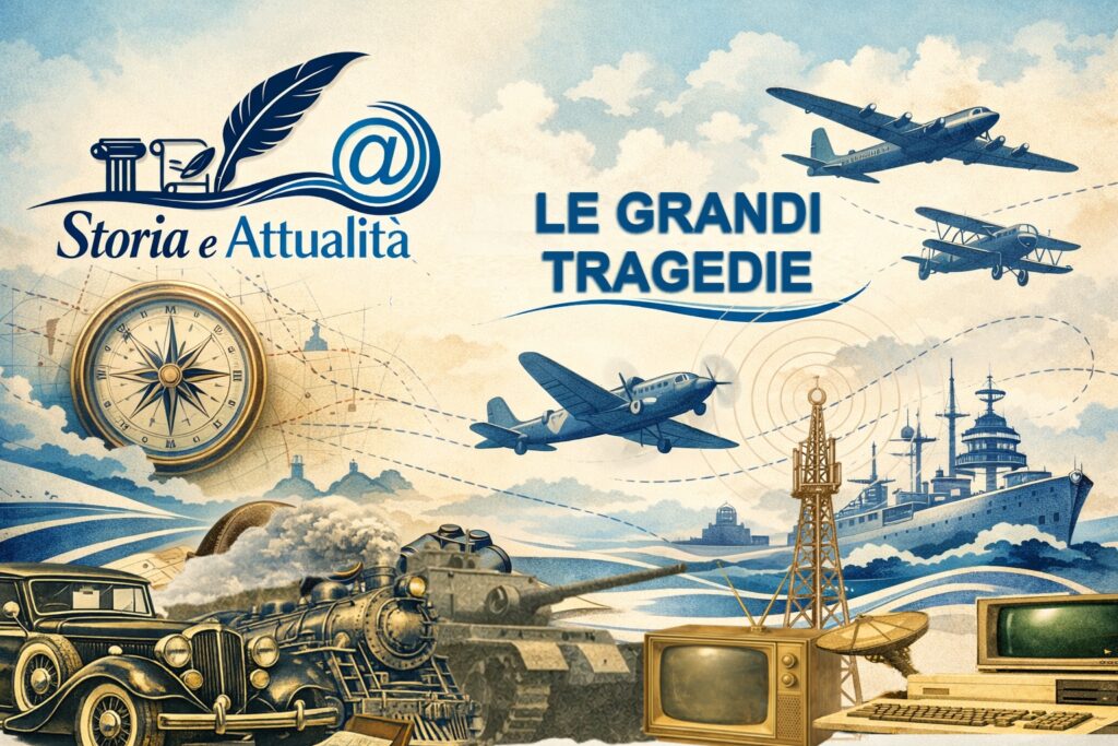 Retro banner promoting Storia e Attualita with planes, ships, trains, a compass and vintage tech symbols to convey history themes.